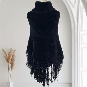 Whimsygoth Black Thick Soft Raw Fringe Asymmetric Poncho Shawl Shrug Sweater OS